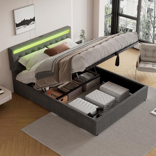 OKMYHOME Bett mit Bettkasten, 160 x 200 cm – Doppelbett für Erwachsene mit Fernbedienung und USB-Typ-C-Anschlüssen – Beschichtung aus strapazierfähigem Leinen und MDF – Grau, ohne Matratze von OKMYHOME