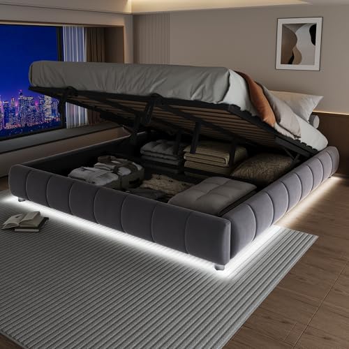 OKMYHOME Bett mit Bettkasten, 180 x 200 cm, Doppelbett mit LED-Beleuchtung, modernes Design und Stauraum – ohne Matratze, Velours, Grau OKMYHOME Bett mit Bettkasten, 180 x 200 cm, Doppelbett mit LED-Beleuchtung, modernes Design und Stauraum – ohne Matratze, Velours, Grau von OKMYHOME