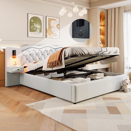 OKMYHOME Bett mit Bettkasten, 180 x 200 cm, Doppelbett mit integriertem Kopfteil und 2 Lampen, Leinen, ohne Matratze, Beige von OKMYHOME