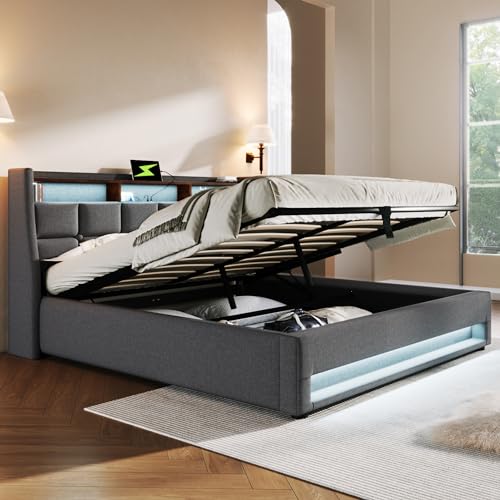OKMYHOME Bett mit Bettkasten, 180 x 200 cm, für Jugendliche, mit USB und LED, Leinen, ohne Matratze, Grau OKMYHOME Bett mit Bettkasten, 180 x 200 cm, für Jugendliche, mit USB und LED, Leinen, ohne Matratze, Grau von OKMYHOME