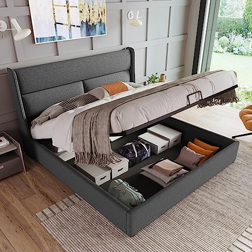 OKMYHOME Bett mit Bettkasten, 180 x 200 cm, gepolstert, mit verstellbaren Köpfen, Struktur aus Massivholz und Leinenbeschichtung – Grau, ohne Matratze von OKMYHOME