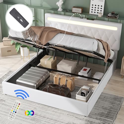 OKMYHOME Bett mit Bettkasten, 180 x 200 cm – Doppelbett für Erwachsene mit Fernbedienung und USB-Typ-C-Anschlüssen – Robuste Leinenbeschichtung aus MDF – Weiß, ohne Matratze OKMYHOME Bett mit Bettkasten, 180 x 200 cm – Doppelbett für Erwachsene mit Fernbedienung und USB-Typ-C-Anschlüssen – Robuste Leinenbeschichtung aus MDF – Weiß, ohne Matratze von OKMYHOME