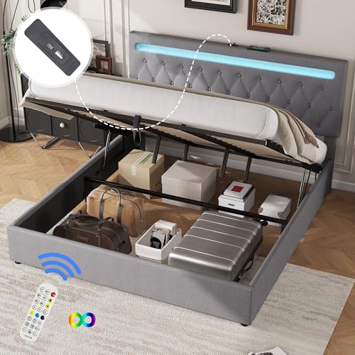 OKMYHOME Bett mit Bettkasten, 180 x 200 cm – Doppelbett für Erwachsene mit LED-Licht, Fernbedienung und USB-Typ-C-Anschlüssen, Beschichtung aus MDF-Leinen, Grau, ohne Matratze OKMYHOME Bett mit Bettkasten, 180 x 200 cm – Doppelbett für Erwachsene mit LED-Licht, Fernbedienung und USB-Typ-C-Anschlüssen, Beschichtung aus MDF-Leinen, Grau, ohne Matratze von OKMYHOME