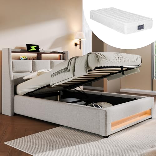 OKMYHOME Bett mit Bettkasten, 90 x 200 cm, gepolstert, mit USB und LED, Leinen, inklusive Matratze, Beige OKMYHOME Bett mit Bettkasten, 90 x 200 cm, gepolstert, mit USB und LED, Leinen, inklusive Matratze, Beige von OKMYHOME