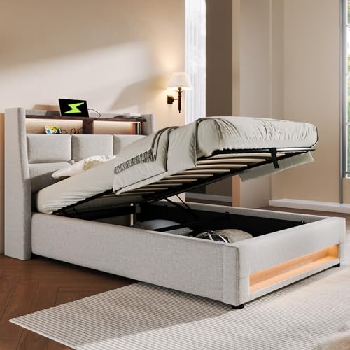 OKMYHOME Bett mit Bettkasten, 90 x 200 cm, gepolstert, mit USB und LED, Leinen, ohne Matratze, Beige von OKMYHOME