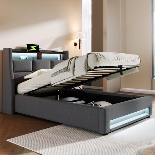 OKMYHOME Bett mit Bettkasten, 90 x 200 cm, gepolstert, mit USB und LED, Leinen, ohne Matratze, Grau von OKMYHOME
