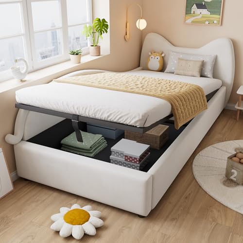 OKMYHOME Bett mit Bettkasten, 90 x 200 cm – Kinderbett mit hydraulischer Aufbewahrung und Stauraum, Design Kopfteil Katze, linke Seite, Struktur Velours – Beige OKMYHOME Bett mit Bettkasten, 90 x 200 cm – Kinderbett mit hydraulischer Aufbewahrung und Stauraum, Design Kopfteil Katze, linke Seite, Struktur Velours – Beige von OKMYHOME