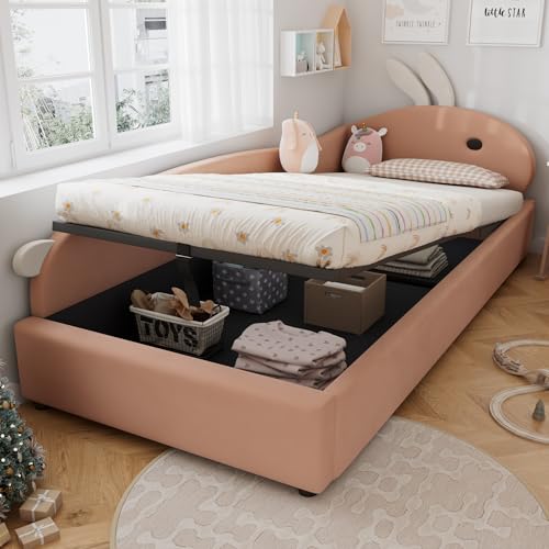 OKMYHOME Bett mit Bettkasten, 90 x 200 cm – Kinderbett mit hydraulischer Aufbewahrung und Stauraum, Kopfteil Kaninchen links, Struktur Samt – rote Bohnenpaste von OKMYHOME