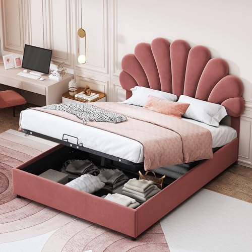 OKMYHOME Bett mit Bettkasten 140 x 200 cm – Doppelbett mit verstellbarem Kopfteil – Samt + Metall + MDF – ohne Matratze – Rosa von OKMYHOME