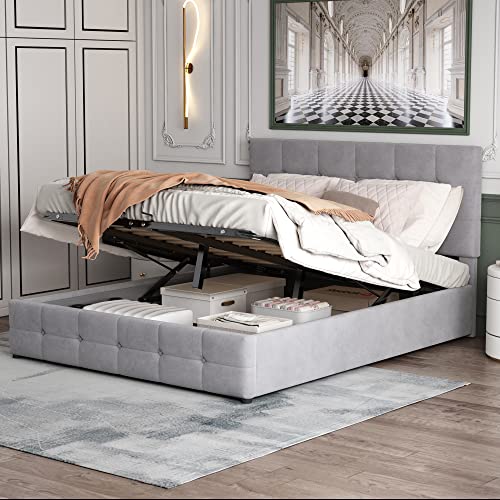 OKMYHOME Bett mit Bettkasten 140 x 200 cm – Doppelbett mit verstellbarem gepolstertem Kopfteil und Lattenrost aus Metall, Samt, Grau, ohne Matratze OKMYHOME Bett mit Bettkasten 140 x 200 cm – Doppelbett mit verstellbarem gepolstertem Kopfteil und Lattenrost aus Metall, Samt, Grau, ohne Matratze von OKMYHOME