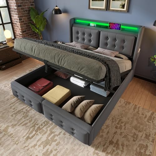 OKMYHOME Bett mit Bettkasten 160 x 200 cm – Doppelbett mit LED-Kopfteil und USB-C-Aufladung – Holz, Baumwolle, Metall – ohne Matratze – Grau von OKMYHOME