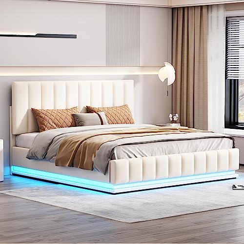 OKMYHOME Bett mit Bettkasten 160 x 200 cm – Doppelbett mit LED mit gepolstertem Kopfteil – Kunstleder – ohne Matratze – Weiß von OKMYHOME