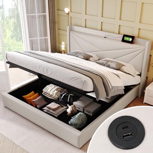 OKMYHOME Bett mit Bettkasten 160 x 200 cm – Doppelbett mit Lattenrost und USB-Aufladung Typ C – Baumwolle und Metall – ohne Matratze – Beige von OKMYHOME