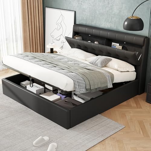 OKMYHOME Bett mit Bettkasten 180 x 200 cm – Doppelbett mit Kopfteil und versteckter Aufbewahrung – PU – ohne Matratze – Schwarz OKMYHOME Bett mit Bettkasten 180 x 200 cm – Doppelbett mit Kopfteil und versteckter Aufbewahrung – PU – ohne Matratze – Schwarz von OKMYHOME