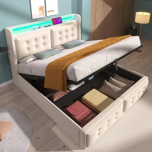 OKMYHOME Bett mit Bettkasten 180 x 200 cm – Doppelbett mit LED-Kopfteil und USB-C-Aufladung – Holz, Baumwolle, Metall – ohne Matratze – Beige von OKMYHOME