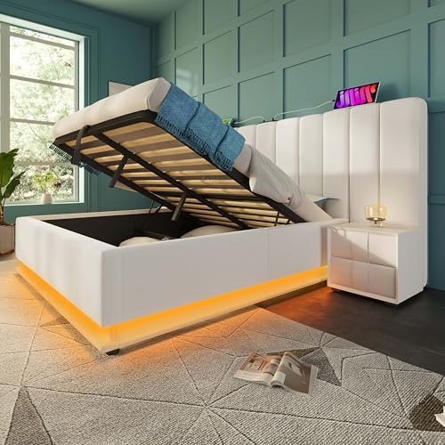 OKMYHOME Bett mit Bettkasten 180 x 200 cm – Doppelbett mit LED und USB-C-Aufladung – Metall, Kunstleder, Massivholz – ohne Matratze – Weiß OKMYHOME Bett mit Bettkasten 180 x 200 cm – Doppelbett mit LED und USB-C-Aufladung – Metall, Kunstleder, Massivholz – ohne Matratze – Weiß von OKMYHOME