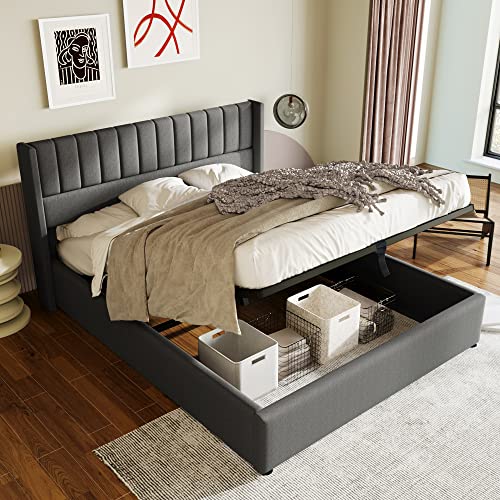 OKMYHOME Bett mit Bettkasten 180 x 200 cm – Doppelbett mit Lattenrost – Leinen Holz Metall – ohne Matratze – Grau von OKMYHOME