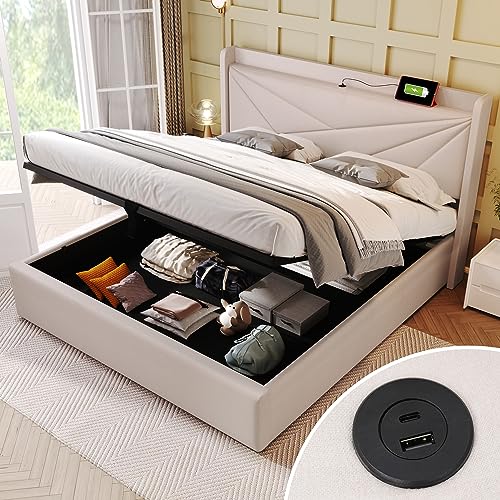 OKMYHOME Bett mit Bettkasten 180 x 200 cm – Doppelbett mit USB Typ C – Baumwolle und Metall – ohne Matratze – Beige von OKMYHOME