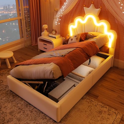 OKMYHOME Bett mit Bettkasten 90 x 200 cm – Einzelbett Deko mit Hydraulikmechanismus und LED, Kopfteil verstellbar – PU und MDF – ohne Matratze – Weiß OKMYHOME Bett mit Bettkasten 90 x 200 cm – Einzelbett Deko mit Hydraulikmechanismus und LED, Kopfteil verstellbar – PU und MDF – ohne Matratze – Weiß von OKMYHOME