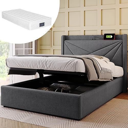 OKMYHOME Bett mit Bettkasten 90 x 200 cm – Einzelbett mit 7 Zonen Federkernmatratze – Baumwolle Holz Metall – mit Matratze – Grau von OKMYHOME
