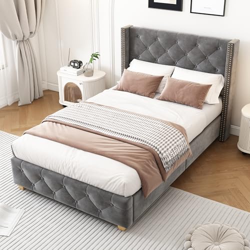 OKMYHOME Bett mit Bettkasten 90 x 200 cm – Einzelbett mit Knopfleiste und Lattenrost – Samt – ohne Matratze – Grau von OKMYHOME