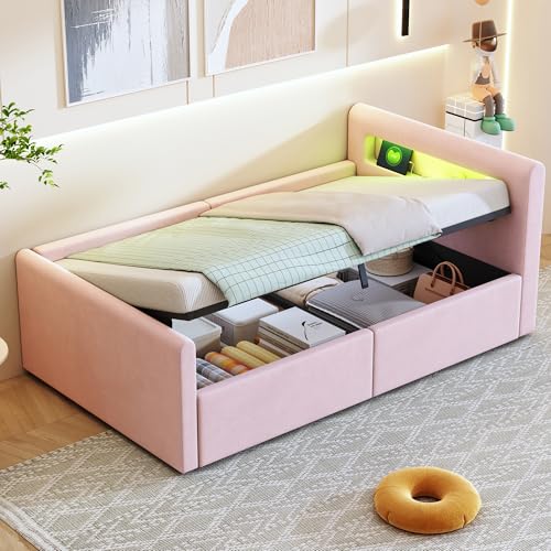 OKMYHOME Bett mit Bettkasten 90 x 200 cm – Einzelbett mit Stauraum und LED, USB-Anschluss, Samtstoff, ohne Matratze – Rosa OKMYHOME Bett mit Bettkasten 90 x 200 cm – Einzelbett mit Stauraum und LED, USB-Anschluss, Samtstoff, ohne Matratze – Rosa von OKMYHOME
