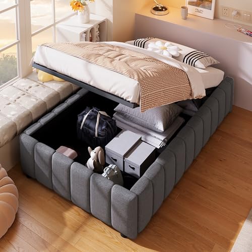 OKMYHOME Bett mit Bettkasten 90 x 200 cm – Einzelbett mit hydraulischer Aufbewahrungsbox – ohne Matratze – Leinen + MDF – Grau von OKMYHOME