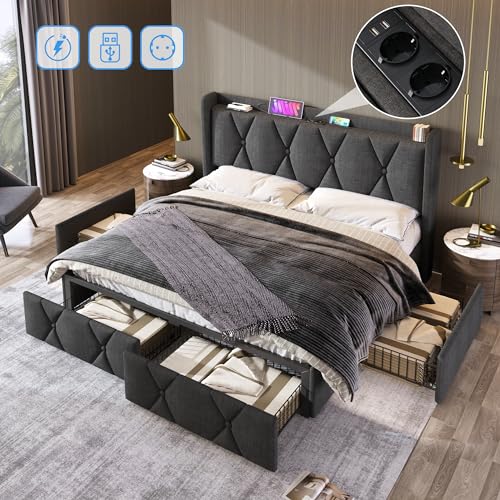 OKMYHOME Bett mit Stauraum, 140 x 200 cm, Doppelbett, gepolstert, mit USB-Anschlüssen und 4 Aufbewahrungsschubladen, Struktur aus Leinen und Holz – Grau, ohne Matratze OKMYHOME Bett mit Stauraum, 140 x 200 cm, Doppelbett, gepolstert, mit USB-Anschlüssen und 4 Aufbewahrungsschubladen, Struktur aus Leinen und Holz – Grau, ohne Matratze von OKMYHOME