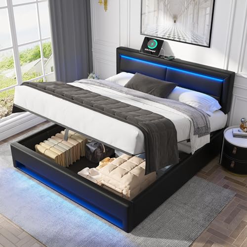 OKMYHOME Bett mit Stauraum, 140 x 200 cm, Doppelbett, gepolstert, mit USB-Anschluss und LED-Beleuchtung, Kunstleder, Schwarz, ohne Matratze OKMYHOME Bett mit Stauraum, 140 x 200 cm, Doppelbett, gepolstert, mit USB-Anschluss und LED-Beleuchtung, Kunstleder, Schwarz, ohne Matratze von OKMYHOME