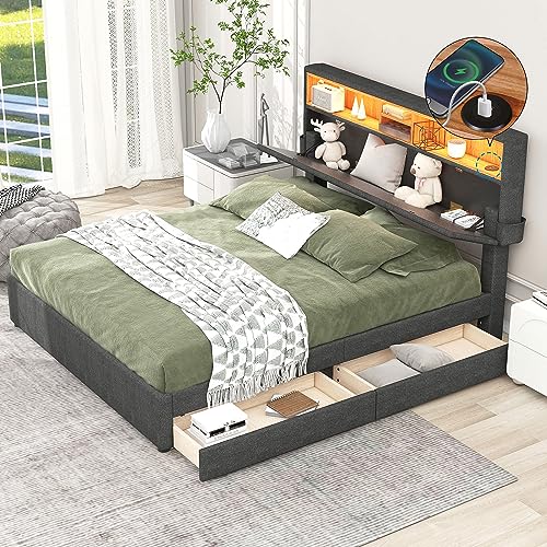 OKMYHOME Bett mit Stauraum, 140 x 200 cm, Doppelbett mit 2 Schubladen und gepolstertem Kopfteil, Leinen + MDF, ohne Matratze, Grau OKMYHOME Bett mit Stauraum, 140 x 200 cm, Doppelbett mit 2 Schubladen und gepolstertem Kopfteil, Leinen + MDF, ohne Matratze, Grau von OKMYHOME