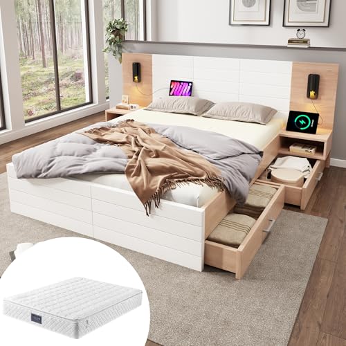 OKMYHOME Bett mit Stauraum, 140 x 200 cm, Doppelbett mit Kopfteil und USB-Lampe, MDF-Holz, mit Matratze, Eichenweiß OKMYHOME Bett mit Stauraum, 140 x 200 cm, Doppelbett mit Kopfteil und USB-Lampe, MDF-Holz, mit Matratze, Eichenweiß von OKMYHOME