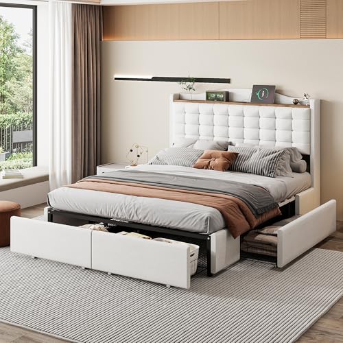 OKMYHOME Bett mit Stauraum, 140 x 200 cm – Doppelbett mit USB-Anschluss, Nachttisch mit 4 Schubladen, ohne Matratze, Leinen, Weiß OKMYHOME Bett mit Stauraum, 140 x 200 cm – Doppelbett mit USB-Anschluss, Nachttisch mit 4 Schubladen, ohne Matratze, Leinen, Weiß von OKMYHOME
