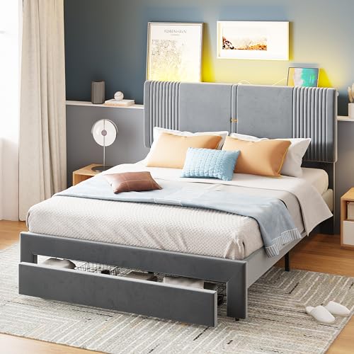 OKMYHOME Bett mit Stauraum, 140 x 200 cm – gepolstertes Doppelbett für Erwachsene mit Schublade, Lichtstreifen und USB-Stecker – Velours, Grau von OKMYHOME