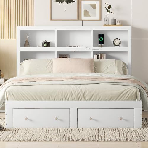 OKMYHOME Bett mit Stauraum, 160 x 200 cm, Doppelbett mit 2 Schubladen und funktionalem Kopfteil – Spanplatte – ohne Matratze – Weiß OKMYHOME Bett mit Stauraum, 160 x 200 cm, Doppelbett mit 2 Schubladen und funktionalem Kopfteil – Spanplatte – ohne Matratze – Weiß von OKMYHOME