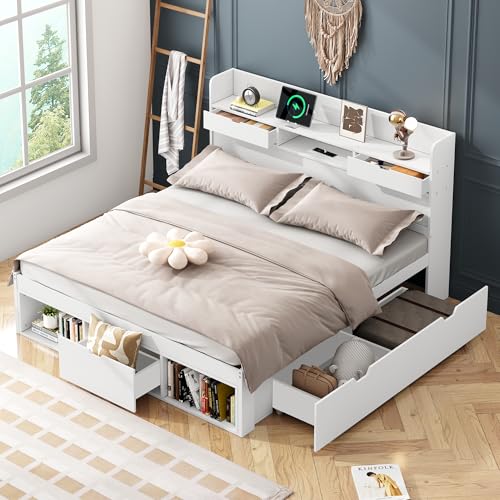 OKMYHOME Bett mit Stauraum, 160 x 200 cm, Doppelbett mit USB und Schubladen, integrierter Schrank – ohne Matratze – Holz weiß OKMYHOME Bett mit Stauraum, 160 x 200 cm, Doppelbett mit USB und Schubladen, integrierter Schrank – ohne Matratze – Holz weiß von OKMYHOME