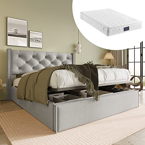 OKMYHOME Bett mit Stauraum, 160 x 200 cm, gepolstert, Doppelbett mit Kopfteil, Massivholz + Metall, mit Matratze, Hellgrau von OKMYHOME