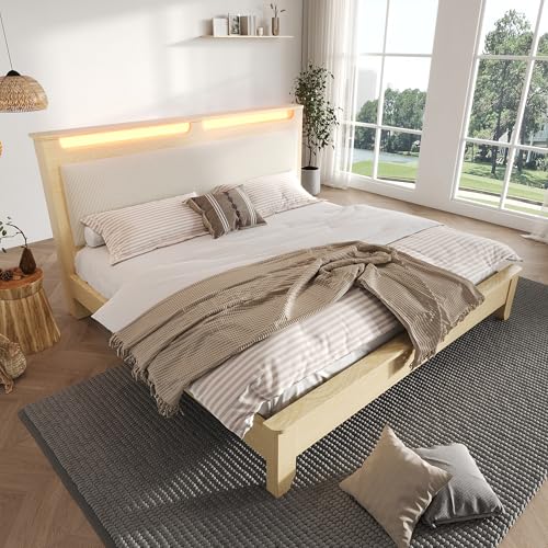 OKMYHOME Bett mit Stauraum, 160 x 200 cm – Doppelbett aus Holz mit geripptem Samt und LED – ohne Matratze – helle Eiche und Beige von OKMYHOME
