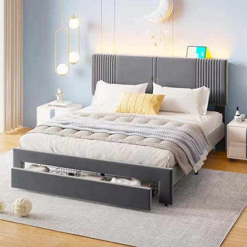 OKMYHOME Bett mit Stauraum, 160 x 200 cm – gepolstertes Doppelbett für Erwachsene mit Schublade, Lichtstreifen und USB-Stecker – Velours, Grau OKMYHOME Bett mit Stauraum, 160 x 200 cm – gepolstertes Doppelbett für Erwachsene mit Schublade, Lichtstreifen und USB-Stecker – Velours, Grau von OKMYHOME