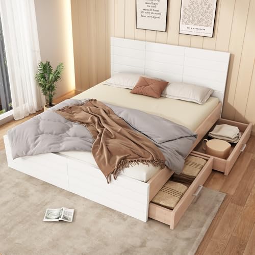 OKMYHOME Bett mit Stauraum, 180 x 200 cm, Doppelbett mit 2 Schubladen, MDF-Holz, ohne Matratze, Eichenweiß von OKMYHOME