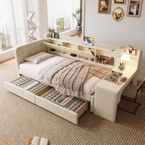 OKMYHOME Bettbank 90 x 200 cm – mit 2 Schubladen, Seitentisch, USB-Anschlüssen und Staufach – ohne Matratze – Leinen Beige und MDF OKMYHOME Bettbank 90 x 200 cm – mit 2 Schubladen, Seitentisch, USB-Anschlüssen und Staufach – ohne Matratze – Leinen Beige und MDF von OKMYHOME