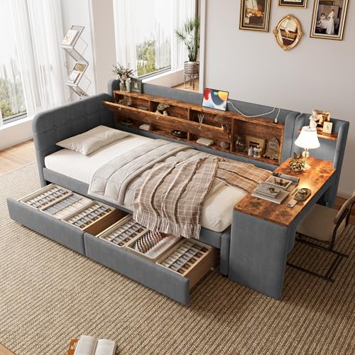 OKMYHOME Bettbank 90 x 200 cm – mit 2 Schubladen, Seitentisch und USB-Anschlüssen – Aufbewahrungsfach – ohne Matratze – Leinen MDF – Grau OKMYHOME Bettbank 90 x 200 cm – mit 2 Schubladen, Seitentisch und USB-Anschlüssen – Aufbewahrungsfach – ohne Matratze – Leinen MDF – Grau von OKMYHOME