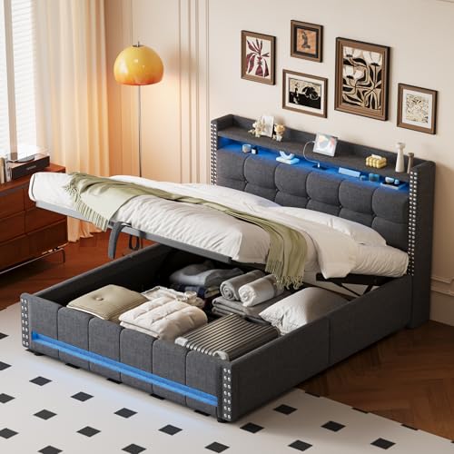 OKMYHOME Bettkasten 160 x 200 cm – Doppelbett mit Stauraum und LED-Beleuchtung, ferngesteuert, ohne Matratze, Leinenstoff, Grau von OKMYHOME