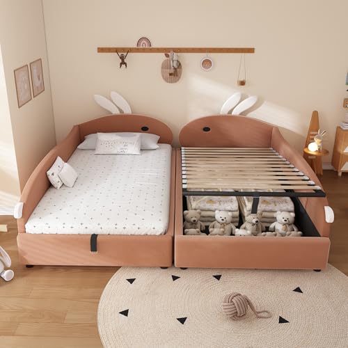 OKMYHOME Bettkasten 90 x 200 cm × 2 – Kinderbett kombiniert mit hydraulischer Aufbewahrung und Stauraum, Kopfteil für Kaninchen, Struktur aus Samt – rote Bohnenpaste OKMYHOME Bettkasten 90 x 200 cm × 2 – Kinderbett kombiniert mit hydraulischer Aufbewahrung und Stauraum, Kopfteil für Kaninchen, Struktur aus Samt – rote Bohnenpaste von OKMYHOME