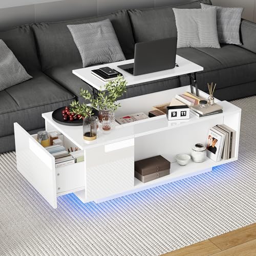 OKMYHOME Couchtisch, Weiß, mit hydraulischer Klappplatte, 1 Schublade, LED über App und integrierter Aufbewahrung, Spanplatte, 100 x 50 x 40 cm von OKMYHOME
