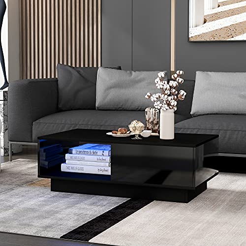 OKMYHOME Couchtisch, rechteckig, Schwarz, mit LED und 1 Schublade, MDF und Spanplatten, 95 x 55 x 32 cm – Schwarz von OKMYHOME
