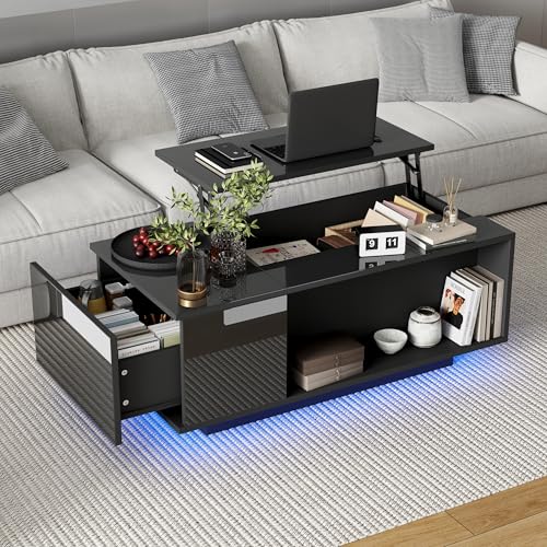 OKMYHOME Couchtisch, schwarz, mit hydraulischer Klappplatte, 1 Schublade, LED über App und Aufbewahrung, Spanplatte, 100 x 50 x 40 cm von OKMYHOME