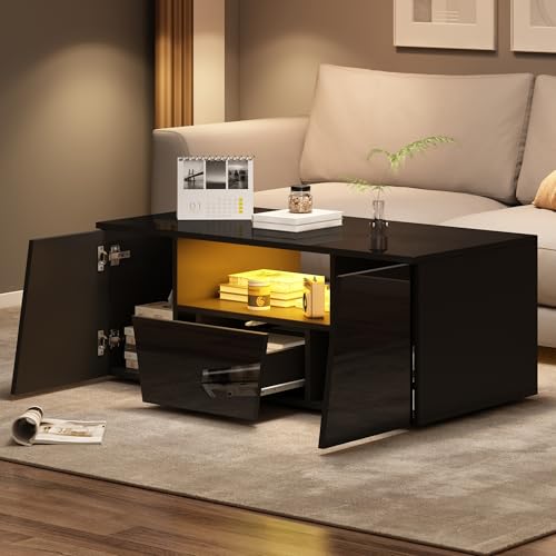 OKMYHOME Couchtisch – Couchtisch mit LED, 2 Fächer und 1 Schublade, hohler Raum und unregelmäßiges Design, 100 x 50 x 40 cm – Schwarz von OKMYHOME