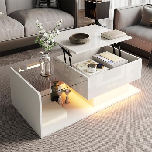 OKMYHOME Couchtisch Design Wohnzimmer – Multifunktionaler Beistelltisch mit Glasplatte, Aufbewahrung und LED-Beleuchtung, PB/Spanplatte, 100 x 50 x 33/47,5 cm, Weiß OKMYHOME Couchtisch Design Wohnzimmer – Multifunktionaler Beistelltisch mit Glasplatte, Aufbewahrung und LED-Beleuchtung, PB/Spanplatte, 100 x 50 x 33/47,5 cm, Weiß von OKMYHOME