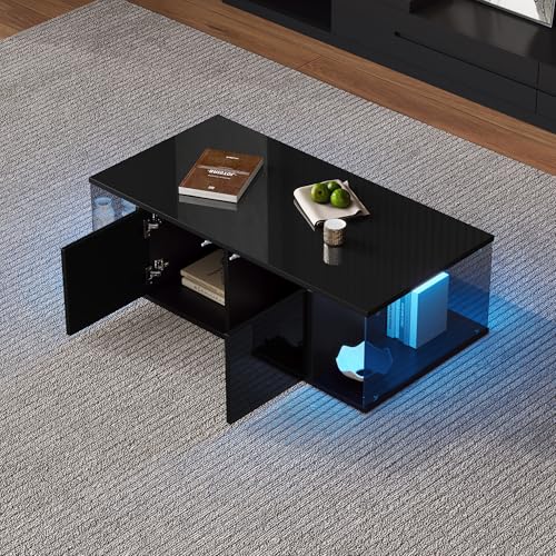 OKMYHOME Couchtisch – Wohnzimmertisch mit LED und 2 Schränken, Hartglas und Spanplatte, hochglänzendes Design, 100 x 50 x 30 cm – Schwarz OKMYHOME Couchtisch – Wohnzimmertisch mit LED und 2 Schränken, Hartglas und Spanplatte, hochglänzendes Design, 100 x 50 x 30 cm – Schwarz von OKMYHOME
