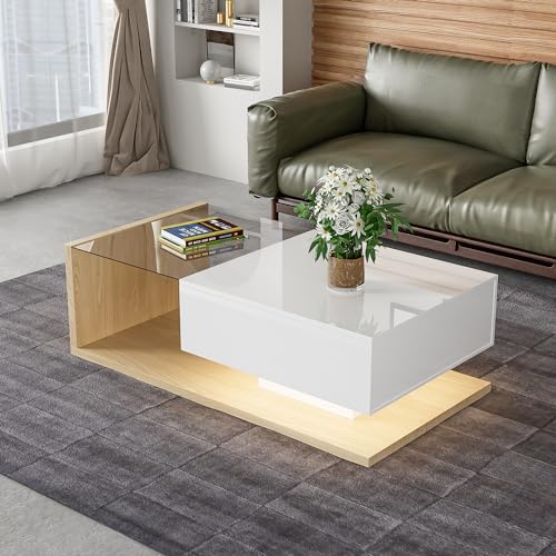 OKMYHOME Couchtisch mit 1 Schublade und LED-Beleuchtung, Spanplatte, 105 x 55 x 32,5 cm, Weiß und Holz OKMYHOME Couchtisch mit 1 Schublade und LED-Beleuchtung, Spanplatte, 105 x 55 x 32,5 cm, Weiß und Holz von OKMYHOME